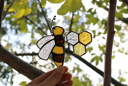 Bee On Honeycomb Stained Glass Window Hangings, Bees Suncatcher Garden Bee Decor Gift for Mom Women