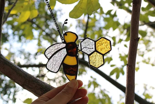Bee On Honeycomb Stained Glass Window Hangings, Bees Suncatcher Garden Bee Decor Gift for Mom Women
