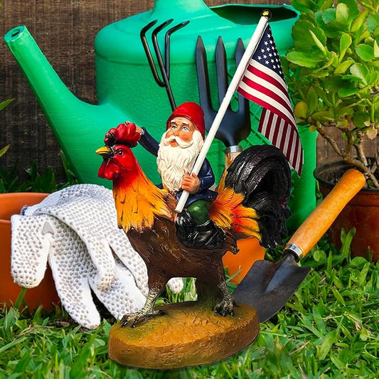 Funny Guy Mugs Gnome Riding A Rooster Garden Gnome Statue- Indoor/Outdoor Garden Gnome Funny Sculpture for Patio, Yard or Lawn
