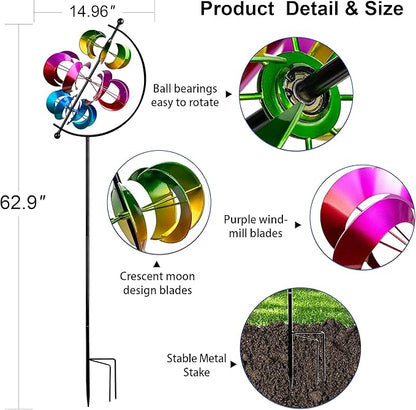 Large Kinetic Wind Spinner Outdoor Metal - 3D Wind Sculptures & Catchers with Stable Stake, Multi-Color Yard Art Decoration for Garden, Patio, Lawn, and Backyard