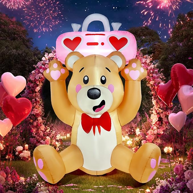 Valentine’s Day Inflatables Outdoor Decorations, 6FT Inflatable Bear Holds a Boombox with LED Lights, Valentines Blow Up Yard Decoration for Valentine Holiday Lawn Garden Indoor Outdoor Decor