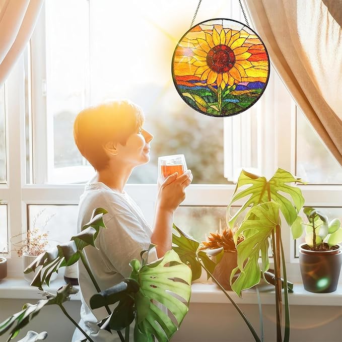 Bimkole Sunflower Stained Glass Suncatcher Window Hanging - Sunset Design for Indoor Window or Doorway Decoration - 7.87x7.87 inch with Chain and Hook - Unique Home Decor Gift