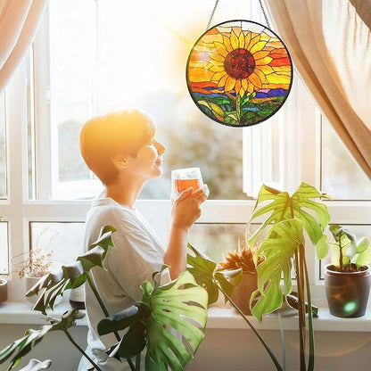 Bimkole Sunflower Stained Glass Suncatcher Window Hanging - Sunset Design for Indoor Window or Doorway Decoration - 7.87x7.87 inch with Chain and Hook - Unique Home Decor Gift
