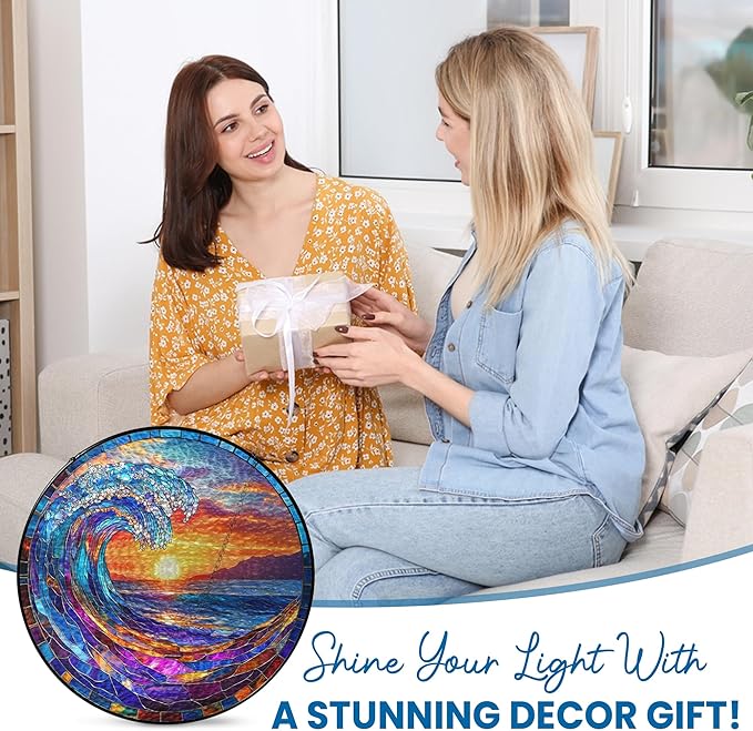 FLAGWIX Beach Gifts for Women Men - Stained Glass Window Hanging 10 in - Beach Decorations for Home, Sun Catchers Indoor Window for Ocean Decor, Suncatchers for Windows Hanging, Boho Gifts for Women