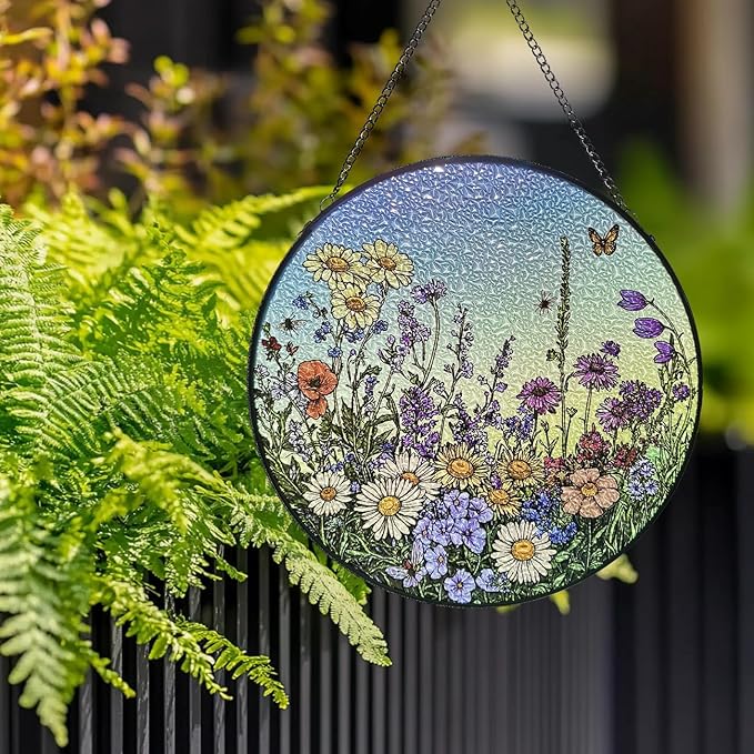 Stained Glass Window Hanging Suncatcher - 20cm Wildflower Meadow Sun Catchers for Windows Doors Home Decor - Nana Grandma Women Gifts for Mother's Day Birthday