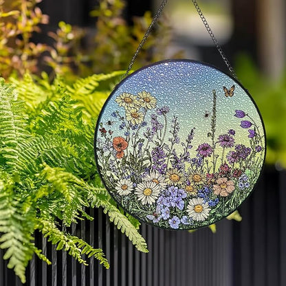 Stained Glass Window Hanging Suncatcher - 20cm Wildflower Meadow Sun Catchers for Windows Doors Home Decor - Nana Grandma Women Gifts for Mother's Day Birthday
