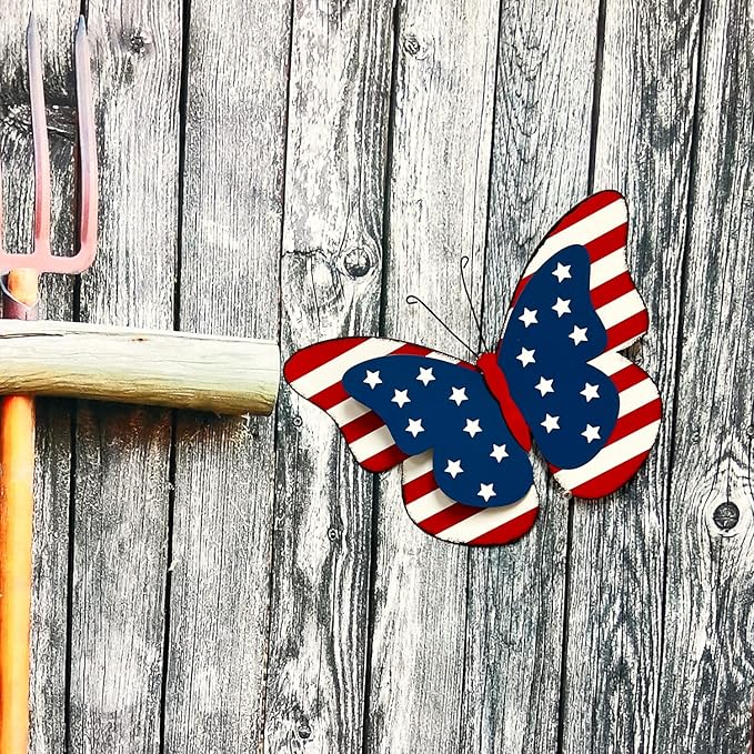 SAGUZOU Rustic Hanging Metal American Flag Patriotic Butterfly Wall Door Yard Signs 4th of July White Blue Red Independence Day Memorial Day Fence Decor Indoor Outdoor Decorations