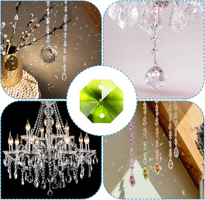 PATIKIL K9 Crystal Octagon Beads 2 Holes Pendants, 60 Pack 14mm Chandelier Prisms Parts Ornaments Hanging Beads for DIY Arts Crafts Decoration, Olive Green