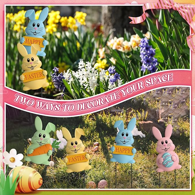 Qunclay Set of 4 Metal Easter Bunny Yard Signs Cute Rabbit Garden Stakes 13.4 Inch Colorful Bunny Yard Decorations in Pink Blue Yellow Green Easter Party Spring Outdoor Lawn Front Door Home Decor