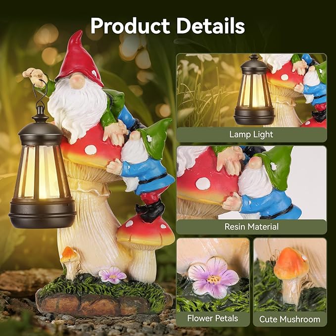 Garden Gnomes Outdoor Statues with Light, Spring Gnomes Decorations for Yard, Solar Garden Gnome Climbing on Mushroom, Lawn Ornaments for Patio, Balcony Housewarming- Unique Women Gifts
