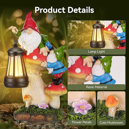 Garden Gnomes Outdoor Statues with Light, Spring Gnomes Decorations for Yard, Solar Garden Gnome Climbing on Mushroom, Lawn Ornaments for Patio, Balcony Housewarming- Unique Women Gifts