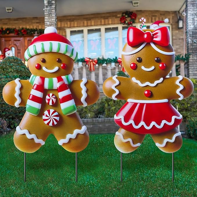 2 Pack Christmas Yard Stakes Metal Stakes 3D Boy and Girl Yard Sign Christmas Outdoor Decorations for Outside Holiday Xmas Winter Ornament Lawn Pathway (Classic Gingerbread Man Couple)
