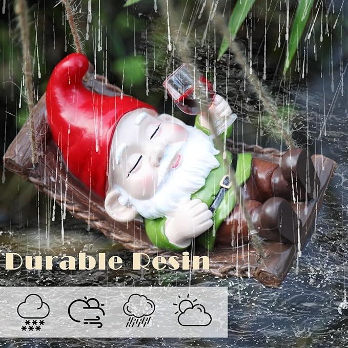 Hanging Garden Gnome Decor - Funny Gnome with Wine Glass on Hammock, Resin Outdoor Statue for Tree, Patio, Yard, Lawn, Balcony, Unique Garden Gifts for Mom, Women, Housewarming, Christmas Decorations