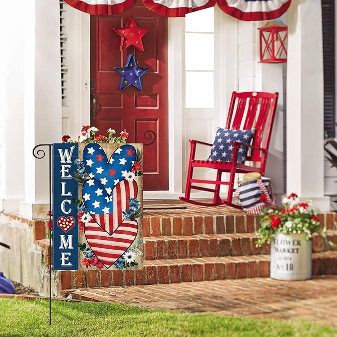 AVOIN colorlife Patriotic 4th of July Welcome Garden Flag 12x18 Inch Double Sided, Memorial Day American Stars and Stripes Love Heart Yard Outdoor Decoration