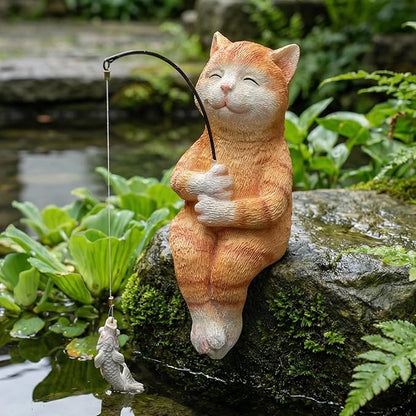 Elenon Fishing Cat Garden Statue, 9" Cat with Pole Decor for Koi Pond Waterfalls, Adorable Flower Bed Outdoor Yard Patio Art Decorative Sculptures Table Ornament