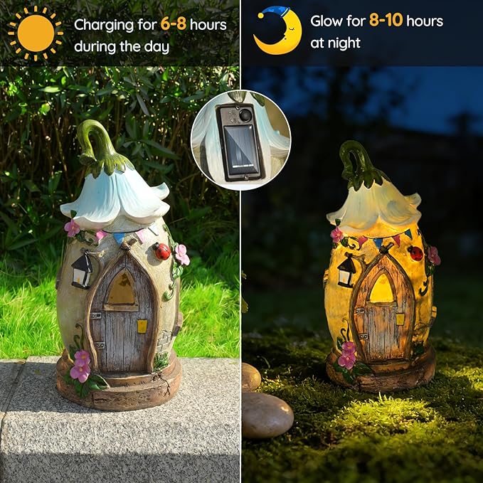 Resin Fairy Cottage Statue with Solar Light Perfect for Garden Decor, Featuring a Charming Morning Glory Vine adorning its Crown. Ideal as a Mother's Day or Birthday Gift, 12.2 inches.
