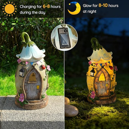 Resin Fairy Cottage Statue with Solar Light Perfect for Garden Decor, Featuring a Charming Morning Glory Vine adorning its Crown. Ideal as a Mother's Day or Birthday Gift, 12.2 inches.