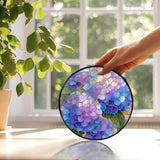 Hydrangea Decor, Spring Hydrangea Flower Suncatchers Stained Glass Window Hanging, Flower Sun Catchers Indoor Window Glass Round Wall Decor, Floral Wall Hanging Decorations, 7.9x7.9in