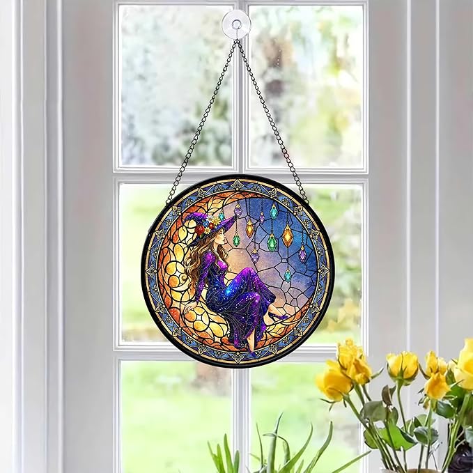 7.8" Moonlight Witch Suncatcher Stained Glass Window Hanging Mystical Witchy Sun Catchers Halloween Ornaments Wall Art Door Garden Room Home Decor Birthday for Teens Women