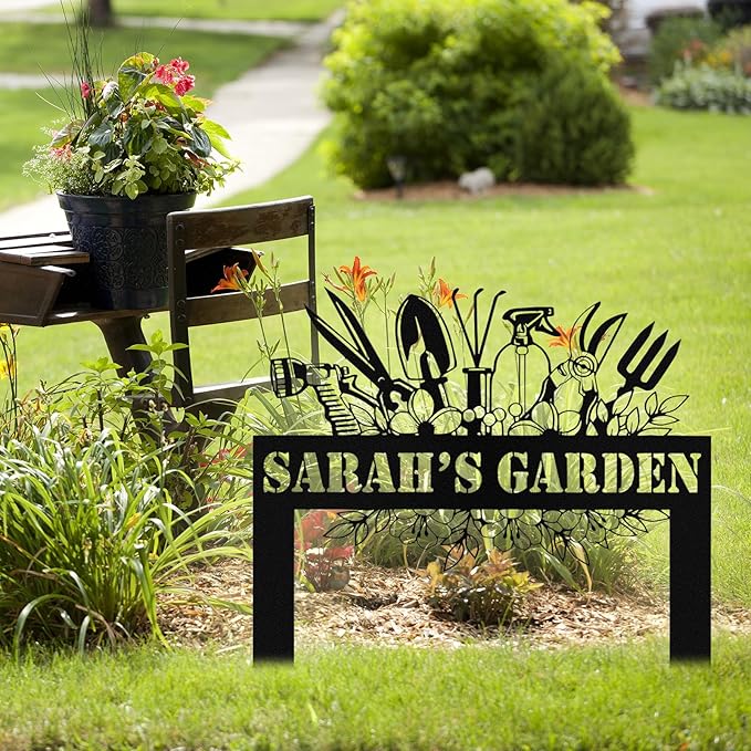 Personalized Metal Garden Signs with Stake, Custom Garden Tool Signs for Outside Waterproof, Customized Name Sign Yard Lawn Gardens Decor Gardening Gifts for Moms Grandmas Gardeners