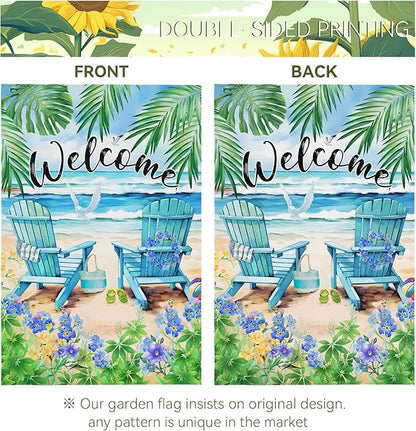Summer Beach Welcome Garden Flag Nautical Hawaii Coconut Tree Garden Flags Double Sided 12 x 18 Coastal Tropical Yard Flags for Outside Palm Flowers Small Flag Outdoor Decor