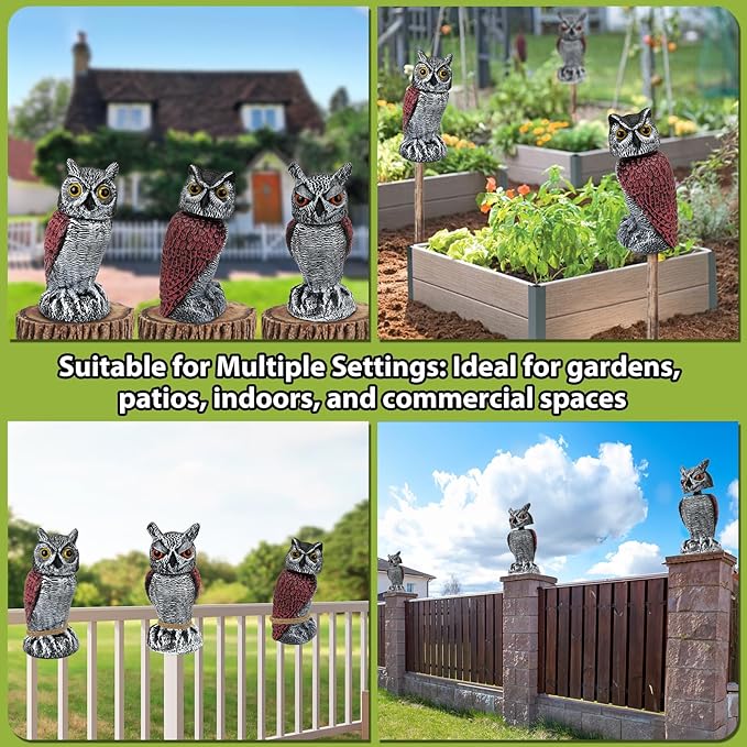 3-Pack Owl for Bird Deterrent - Weatherproof Bird Repellent Devices for Outdoor Use - Plastic Owls to Scare Birds Away and Control Garden Pests