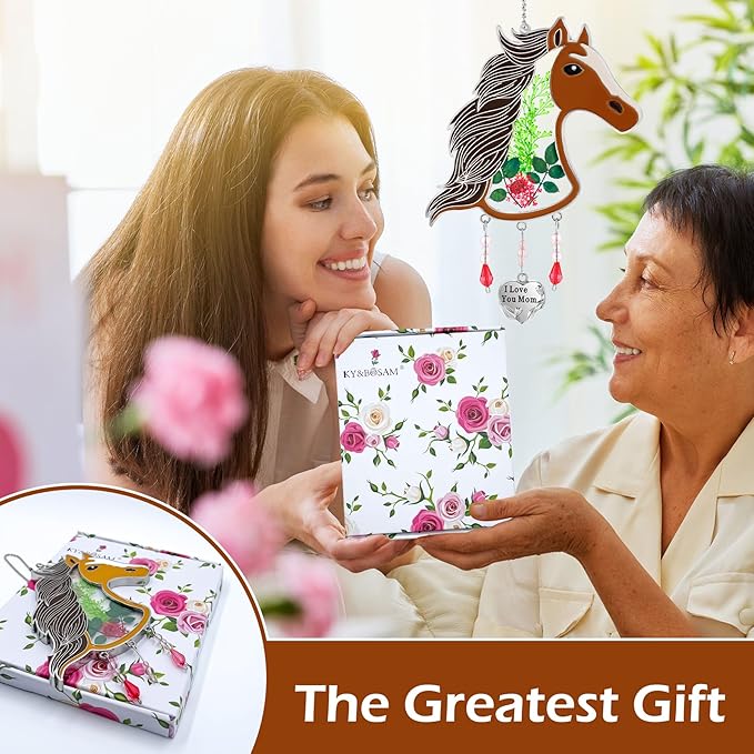 KY&BOSAM Suncatcher Horse Head Glass Hand-Painted I Love You Mom Suncatchers Ornament hangings Wind Chime with Pressed Flower Horse Embedded in Glass Window Mother`s Day Birthdays…