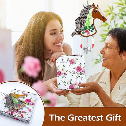 KY&BOSAM Suncatcher Horse Head Glass Hand-Painted I Love You Mom Suncatchers Ornament hangings Wind Chime with Pressed Flower Horse Embedded in Glass Window Mother`s Day Birthdays…