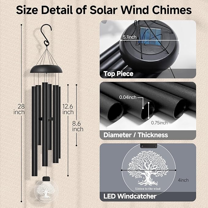 Solar Wind Chimes for Outside, 6 Tubes Relaxing Melody Wind Chimes with Tree of Life LED Windcatcher, Windchimes for Garden Patio Decor, Great Gift Idea for Mother's Day