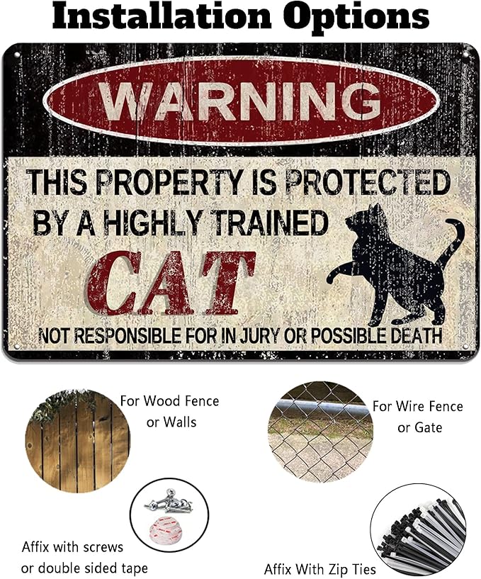 Vintage Cat Metal Sign Warning This Property is Protected by Highly Trained Cat Yard Sign Outdoor Home Wall Decor 12x8Inch