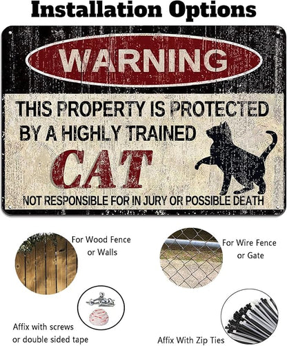 Vintage Cat Metal Sign Warning This Property is Protected by Highly Trained Cat Yard Sign Outdoor Home Wall Decor 12x8Inch