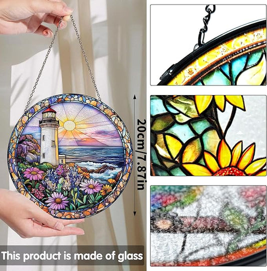 Bimkole Lighthouse Stained Glass Suncatcher Window Hanging - Flower Scenery Indoor Window or Doorway Decoration - Handmade Sun Catcher Decor for Garden Home Christmas & Birthday Gifts 7.87x7.87 inch