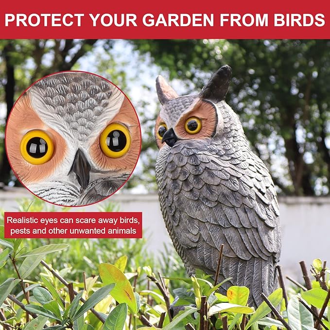 Plastic Owl Scarecrow Garden Owl Sculpture for Outdoor Yard, Fake Owl for Bird Control Garden Tree Decoration, 2-Pack