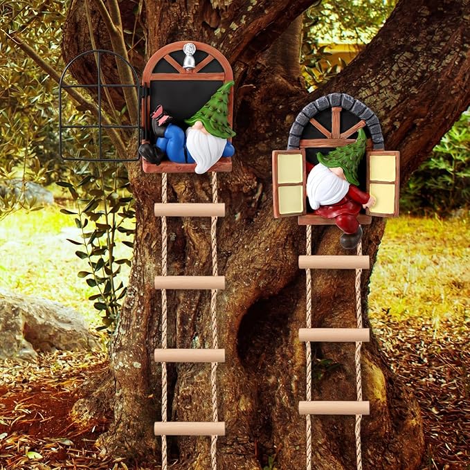 Thyle 4 Pieces Garden Gnomes Outdoor Tree Hugger Gnome Fairy Statue Elf Out the Door Resin Figurine Hanging Ladder Decoration Tree Faces Decor Outdoor for Patio Yard Lawn (Woodland Style)