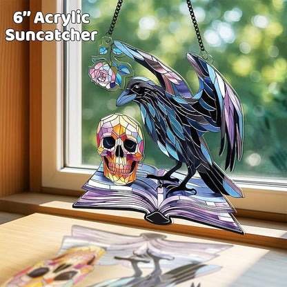2 Halloween Decorations Bat Raven Acrylic Suncatchers, 6" Window Hanging Bat Gothic Decor, Spooky Raven Halloween Ornament Gifts, Idea Gifts Holiday Keepsake, Scary Home Indoor Outdoor Display SS344