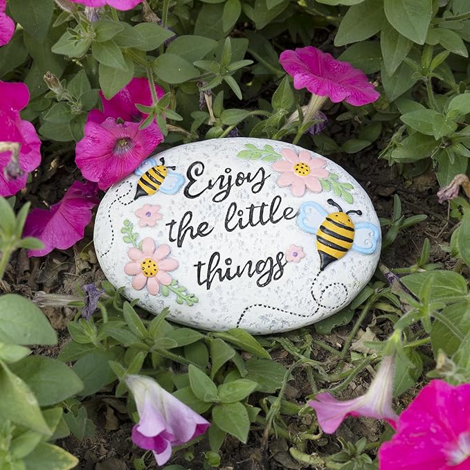 Spring Decorative Garden Stones Outdoor, 6x4.1In Bee Enjoy The Little Things Stone with Pink Floral, Concrete Stepping Stones for Walkway Pathway Yard Outside