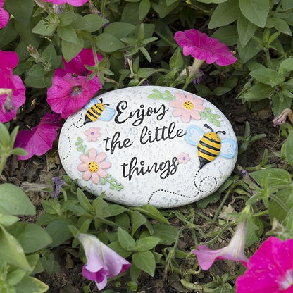 Spring Decorative Garden Stones Outdoor, 6x4.1In Bee Enjoy The Little Things Stone with Pink Floral, Concrete Stepping Stones for Walkway Pathway Yard Outside