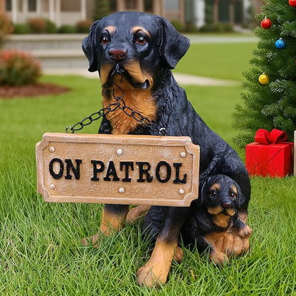 Rottweiler Mother-and-Pup Family Welcome with Solar Lantern and Double-Sided Sign, Sitting Duo Statue for Porch Bench, Garden Path & Entry