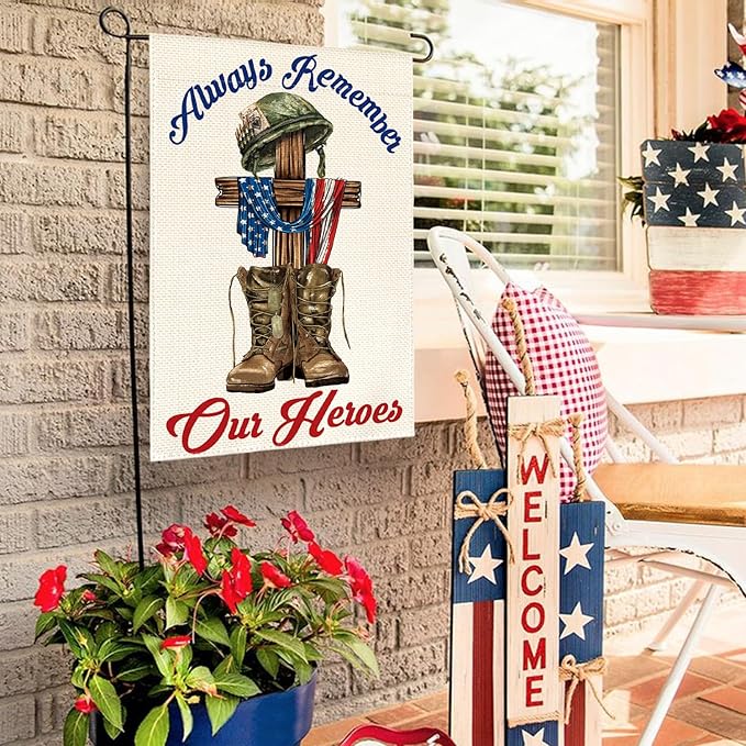 AVOIN colorlife Memorial Day Always Remember Our Heroes Garden Flag 12x18 Inch Double Sided, Military Soldiers Boots Patriotic Veteran Yard Outdoor Decoration