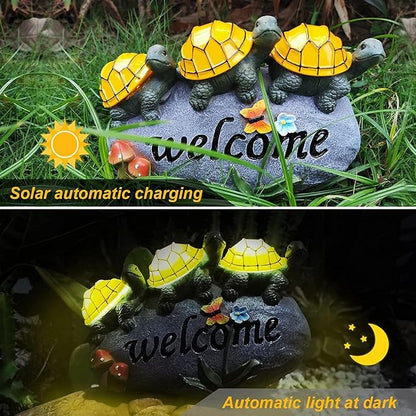 shumi Solar Garden Statue Turtle Outdoor Lights -Welcome Turtles on a Rock Solar Powered LED Outdoor Garden Ornaments，for Indoor Outdoor Yard Statue Decoration，Thanksgiving Christmas 1 Pack
