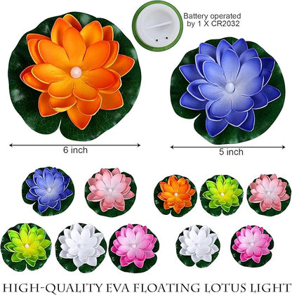 Waterproof Floating Lotus Light, 12PCS 5’’+ 6’’ Floating Lily Light Water Activated Artificial Flowers Battery Operated for Wedding Pool Anniversary Garden Decor(Mix-Color)