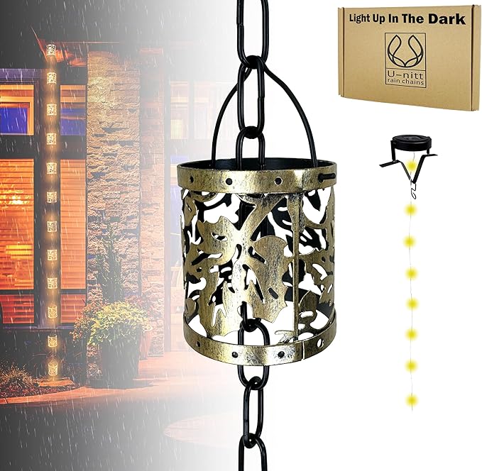 Rain Chain Water Collection for Gutters, Rainwater Catcher & Diverter, 8.5 FT Chains for Outside Garden, Antique Light Up Cups, Roof Downspout, Works with Heavy Rain, w/ Gutter Clip for Rainchains