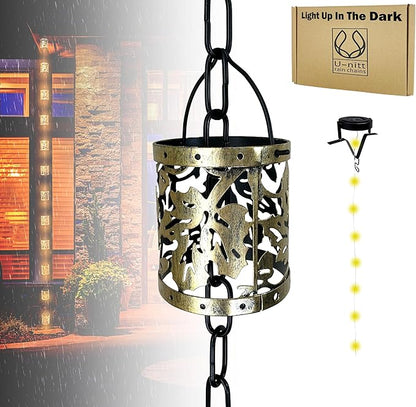 Rain Chain Water Collection for Gutters, Rainwater Catcher & Diverter, 8.5 FT Chains for Outside Garden, Antique Light Up Cups, Roof Downspout, Works with Heavy Rain, w/ Gutter Clip for Rainchains