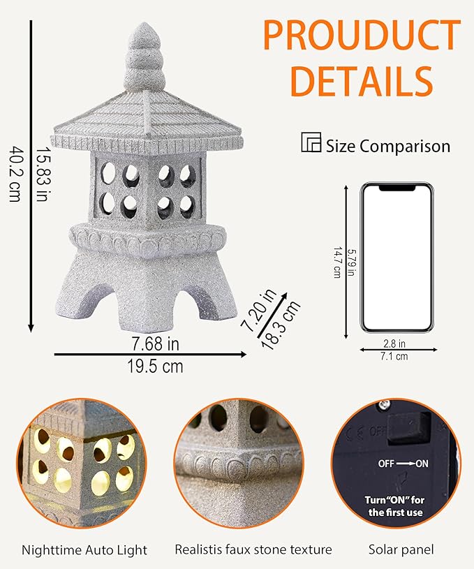 Nacome Solar Pagoda Garden Statues:15.7 inches Outdoor Waterproof Resin Zen Decor for Landscape Balcony Patio Porch Yard Ornament(Gray)
