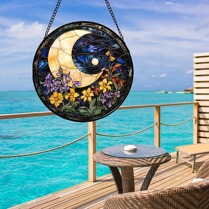 Stained Glass Window Hanging - Blue Night Sky Moon Suncatcher for Door Terrace Garden Home Decor Wildflowers Sun Catcher Birthday Gifts for Lovers Women Men Dad Mom Nana 11.8 in