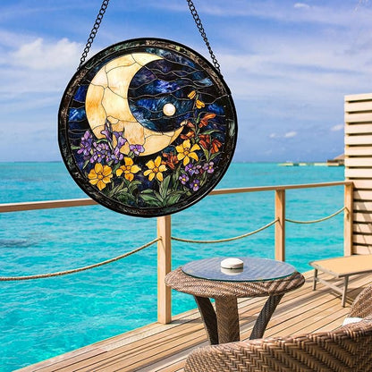 Stained Glass Window Hanging - Blue Night Sky Moon Suncatcher for Door Terrace Garden Home Decor Wildflowers Sun Catcher Birthday Gifts for Lovers Women Men Dad Mom Nana 15 in