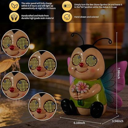 Garden Statues Bee with Solar Moving LED Eyes Outdoor Animal Figurines Decorations for Patio Yard Lawn Ornaments Gifts for Birthday Easter Housewarming (Bee)