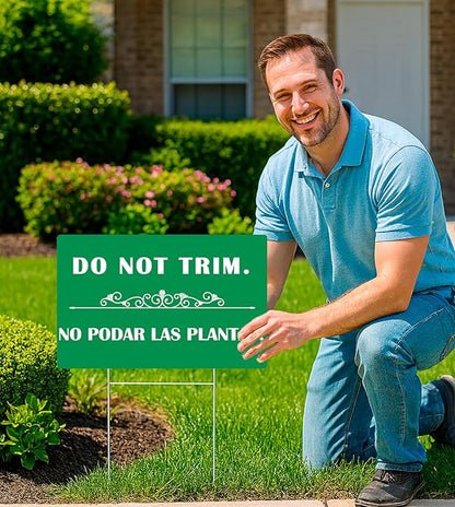 3 Pcs 12x8 Inches Corrugated Plastic Do Not Trim Yard Signs with Metal Stakes - Bilingual Plastic Plant Signs or Garden Markers for Outdoor Lawn - Double Sided No Trim or Mow Signs