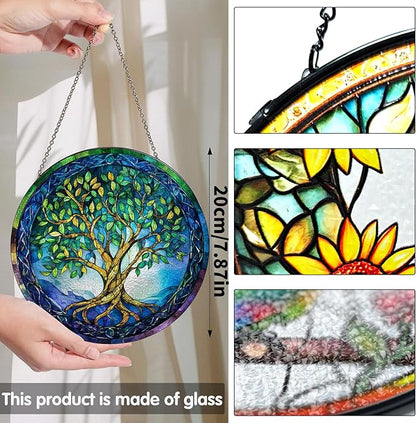 Bimkole Tree of Life Stained Glass Suncatcher Window Hanging - Leaves Indoor Window or Doorway Decoration - Handmade Sun Catcher Decor for Garden Home Christmas & Birthday Gifts 7.87x7.87 Inch