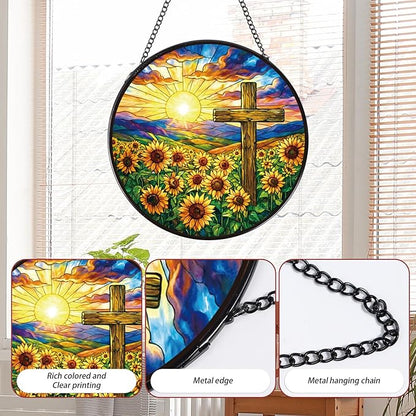 Rngmsi Stained Glass Window Hanging Cross, 8 Inch Sun Catcher Christian Cross and Sunflower Gift, Religious Easter Faith Christian Gifts for Wall Art Hanging Decorations
